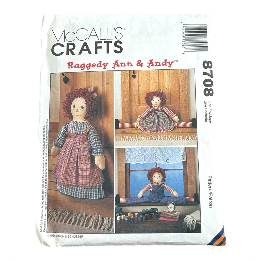 Vintage McCalls Crafts Raggedy Ann & Andy Doll Draft Stopper Pattern Uncut 8708